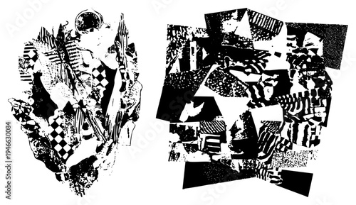 Fragmented graphic art with bold shapes, halftone textures, and, vector based abstract composition, design, modern digital art.