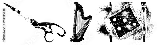 Retro style scissors with worn texture, ornate harp with strings, scratched dice with pips all in vector art.