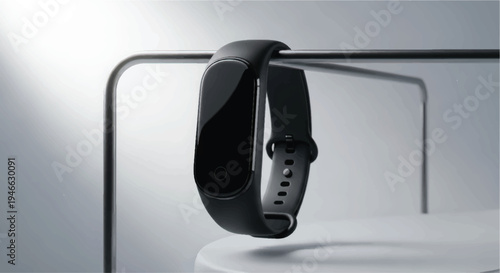 Sleek black smartwatch displayed on a modern white stand against a gradient background