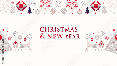 Festive christmas and new year background with reindeer and ornaments