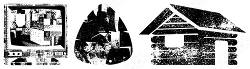 Stylized halftone vector log cabin, abstract TV, water droplet with gear. Bold shapes, high contrast black and white. Graphic design elements for digital interfaces or print.