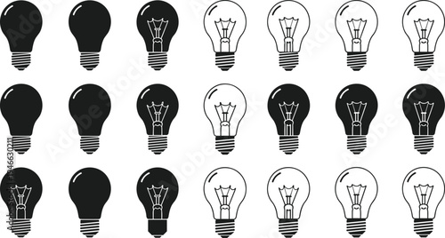 Set of Light Bulb Vector Icons in Black and White, Lightbulb Silhouettes and Outlines for Idea Generation, Innovation, and Creative Thinking Concepts