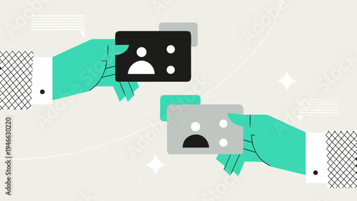 Hands exchanging abstract cards with faces representing connection and identity