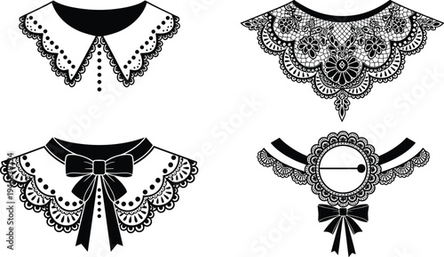 lace collar decorative set, vintage victorian neckline ornament collection, elegant lace choker embroidery design, fashion accessory illustration isolated