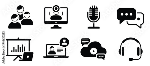 Communication and online interaction icons set, modern vector collection featuring chat bubbles, messages, notifications, likes, and user connection symbols in flat and outline styles