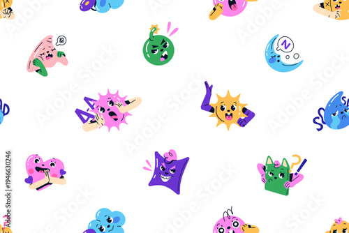 Repeatable pattern of happy, sad, angry, bored and shocked emoticons. Endless background of different emojis, abstract characters with various emotions on faces. Flat seamless vector illustration