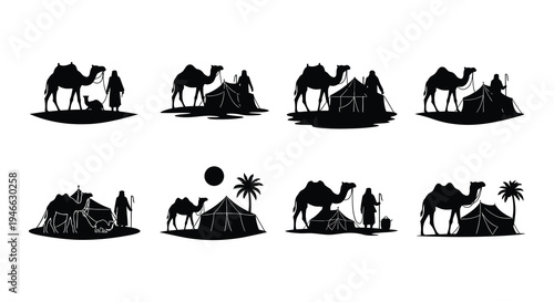 Silhouette collection depicting nomadic life with camels and desert tents