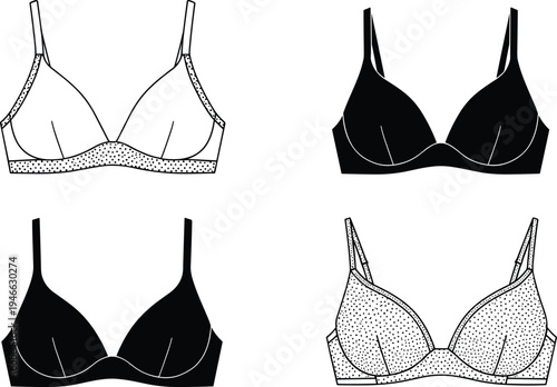 minimalist, bra, lingerie, set, black, white, fashion, underwear, women, garment, vector, illustration, bra, design, lingerie, collection, apparel, clothing, boutique, template