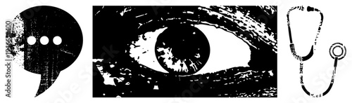Distressed speech bubble with dots, gritty eye graphic, medical stethoscope vector with textured aesthetic, communication, observation, healthcare symbols.