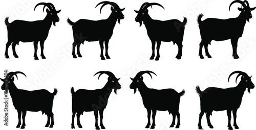 Set of Mountain Goat and Ram Silhouettes with Horns, Farm Animal Vector Illustrations for Agriculture Branding, Farmhouse Decor, and Livestock Farming Designs