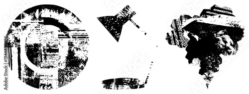 Fragmented black and white graphic elements with distressed texture, circular motif,, newspaper collage, gritty vector art, urban decay style.