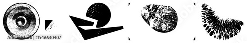 Black and white graphic shapes with halftone grain, including concentric circles, angular forms, organic blobs, and feathered ideal for modern design or texture.