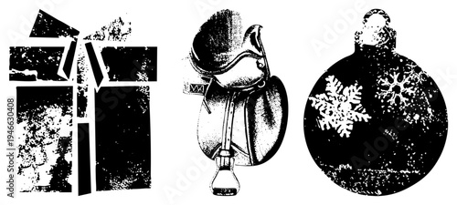 Stylized Chinese character with fragmented blocks, vintage equestrian saddle, snowflake ornament with halftone texture, vector illustration with distressed effect, graphic design.