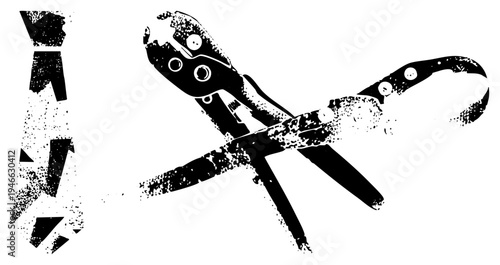 Grungy black and white vector of wrench and tie, symbolizing professionalism vs. manual labor, halftone texture, isolated graphic, business tools, corporate grit.