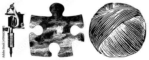 Classic tattoo pen, jigsaw puzzle piece, skein of thread, black and white vector illustration, halftone shading, graphic design elements, craft and ink tools.
