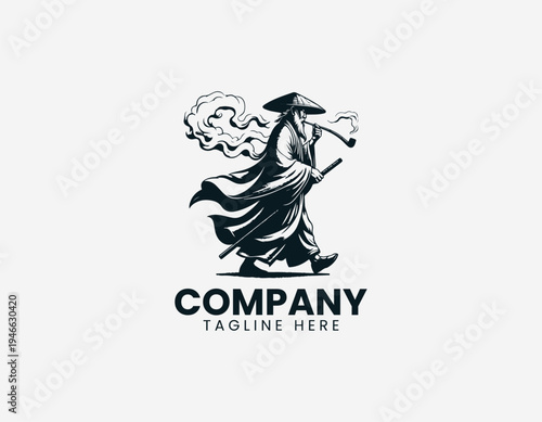 The vintage oriental old man illustration shows a traditional smoking pipe style artistic