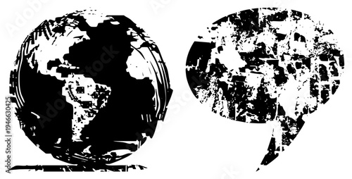 Two fragmented globe representations with glitched textures, abstract cartography, digital distortion, black and white vector art, map degradation.