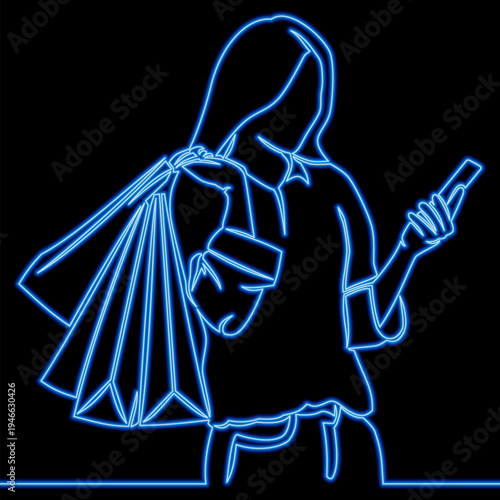 Woman with shopping bags using smartphone during retail shopping icon neon glow vector illustration concept