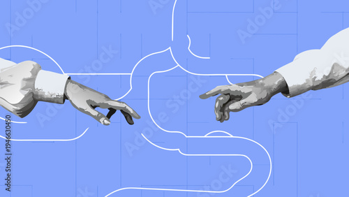 Two hands reaching for each other amidst abstract lines and shapes