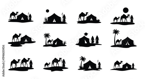 Silhouette collection depicting nomadic life with camels and desert tents