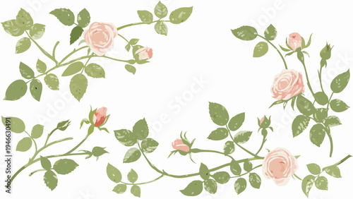 Delicate rose branches and buds form a floral corner arrangement