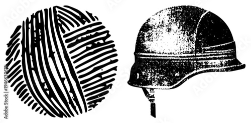 Classic combat helmet with chinstrap and textured surface, paired with detailed fingerprint swirls, both rendered in high contrast vector art for forensic or historical design use.