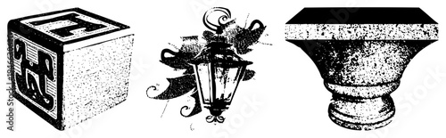 Vintage style lantern with scrollwork, stone pedestal base, box with geometric motifs, halftone vector art, black and white illustration.