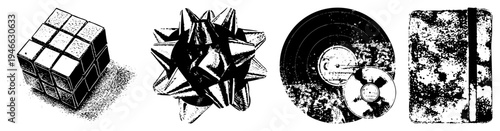 Isolated puzzle cube, spiky bow, retro music, textured notebook all vector halftone illustrations.