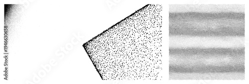 Vector based halftone gradients, stippling textures, and dot matrix, ideal for print, digital art, and graphic design. Includes isolated shapes, dot density variations, and tonal transitions.