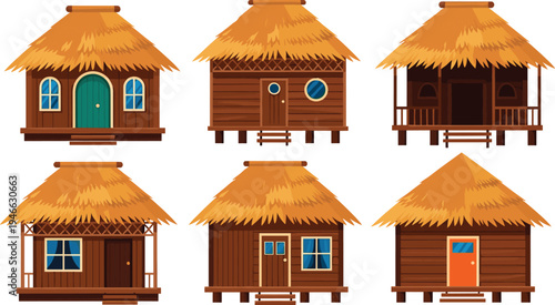 Set of Tropical Wooden Beach Hut Vector Illustrations, Exotic Straw Roof Bungalow Icons for Summer Vacation, Island Resort, and Travel Branding