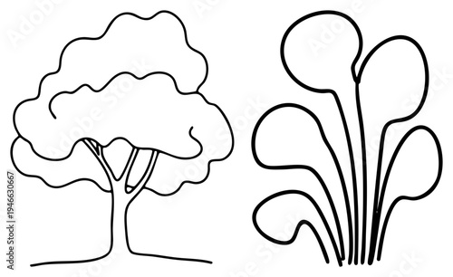 Minimalist tree and plant doodle, nature sketch, botanical, eco, eco design, vector art, black art.