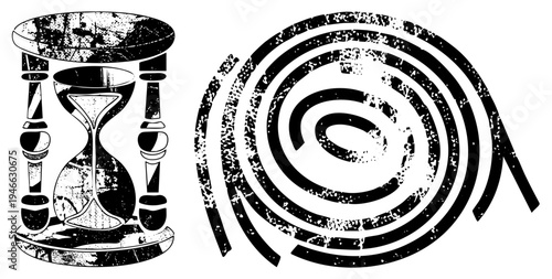 Antique hourglass measuring time, spiral coil symbolizing eternity, vector art with distressed texture, symbolic design elements.
