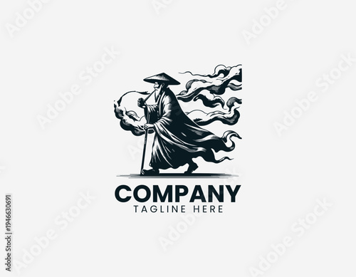 The vintage oriental old man illustration shows a traditional smoking pipe style artistic