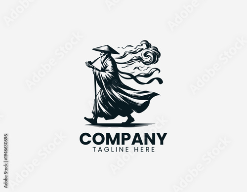 The vintage oriental old man illustration shows a traditional smoking pipe style artistic