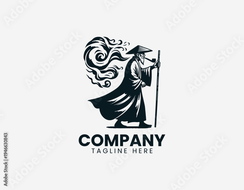 The vintage oriental old man illustration shows a traditional smoking pipe style artistic