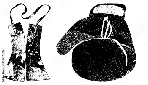 Retro boxing gear including gloves and apron, stylized halftone print, gym equipment, vintage sports apparel, black and white graphic.