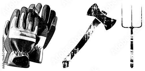 Black and white halftone vector set of work gloves, hatchet, and pitchfork, isolated tools for manual labor, rustic utility, farm or forestry equipment.
