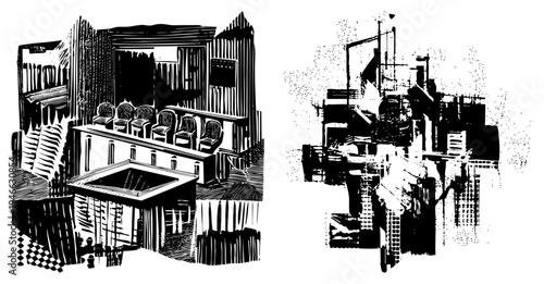 Stylized architectural renderings using bold and halftone textures, abstract urban structures, graphic design elements, vector illustration.