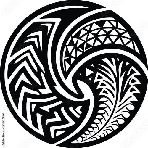 Circular tribal vortex pattern with swirling geometric elements, traditional polynesian art inspired, Maori tattoo style, dynamic swirling symbol, artistic cultural.