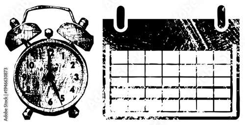 Classic alarm clock and wall calendar with grunge effect, timekeeping tools, daily planner symbols, retro graphic elements, illustration.