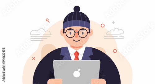 A person in a suit and beanie holds a laptop, with whimsical clouds and shapes around