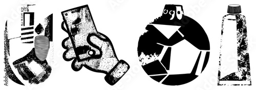 Graphic illustration of hand gripping mobile phone, urban backdrop, dotted, stylized tech, digital communication symbol.