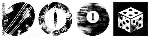 Grungy halftone dice with pips, cricket pitch stripes, circular frames, retro gaming elements, isolated vector graphics, distressed textures, game night decor.