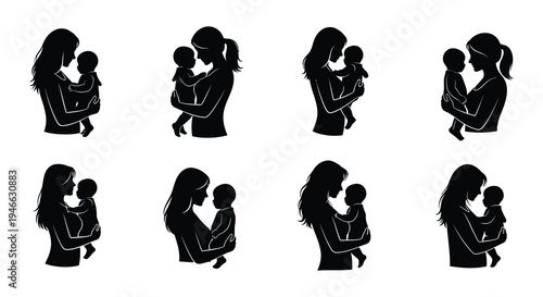 Silhouettes of mothers lovingly holding their babies in various poses