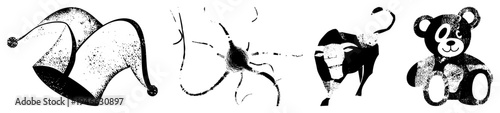 Stylized halftone including jester hat, neuron, bull, and teddy bear, rendered in black and white with stippled texture. Vector graphic elements for design or illustration.