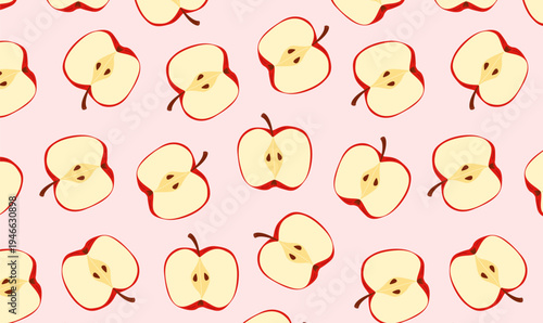 Cute seamless pattern with apple halves on soft pink pastel background.Repeating fruit texture with apple halves, perfect for fabric, wrapping paper, packaging, wallpaper and food design projects.