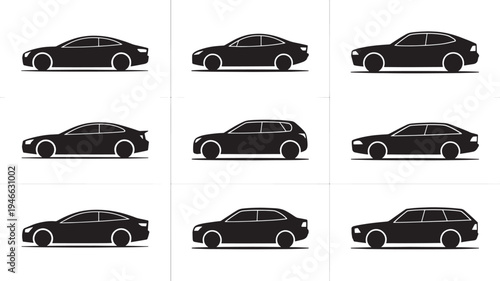 Nine black car silhouettes in different models vehicle isolated