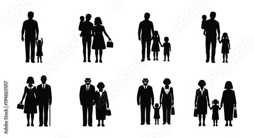 Silhouettes of diverse families standing together in a grid pattern