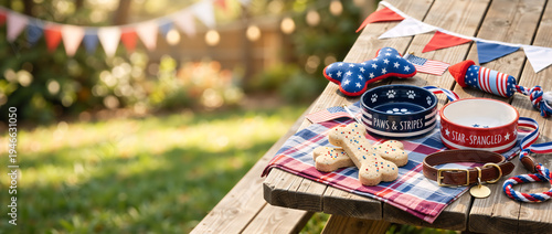 Patriotic dog treats and empty bowls on an outdoor picnic table. Fourth of July pet accessories with American flags and leather collar. Copy space for text