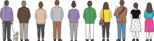 Collection of diverse people characters standing back view in casual and professional outfits including men women and parent with baby flat vector